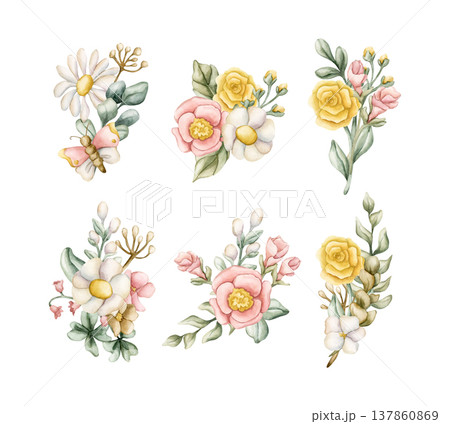 Cute Colourful Meadow Flower Bouquet Set. Watercolor summer spring bloom floral illustration hand painted isolated on white background for nursery baby kids design fresh prints cards posters textile 137860869