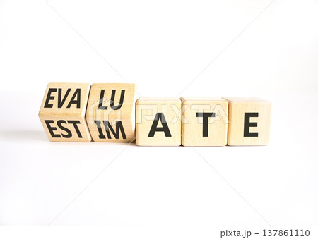 Estimate or evaluate symbol. Concept words Evaluate to Estimate on beautiful wooden cubes. Beautiful white table white background. Business, estimate or evaluate concept. Copy space. Estimate or evaluate symbol. Concept words Evaluate to Estimate on beautiful wooden cubes. Beautiful white table white background. Business, estimate or evaluate concept. Copy space. 137861110
