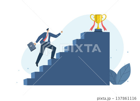 The goal is ahead, full of obstacles and relentless. on business route, Businessman holding a briefcase run up the stairs with enthusiasm, Go for the trophy. Vector design illustration. The goal is ahead, full of obstacles and relentless. on business route, Businessman holding a briefcase run up the stairs with enthusiasm, Go for the trophy. Vector design illustration. 137861116