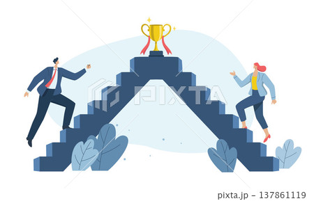 Stairway to the goal There are many people trying to go up. Companies compete for key customer segments. Many businessman compete with each other to win the trophy. Vector design illustration. Stairway to the goal There are many people trying to go up. Companies compete for key customer segments. Many businessman compete with each other to win the trophy. Vector design illustration. 137861119