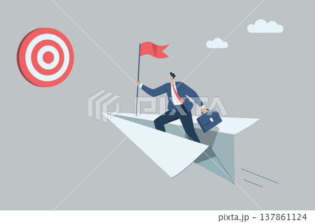 Ambitious businessman leader on flying high paper plane to professional success. Go for the set goal. Business vision to see opportunity. Vector design illustration. 137861124