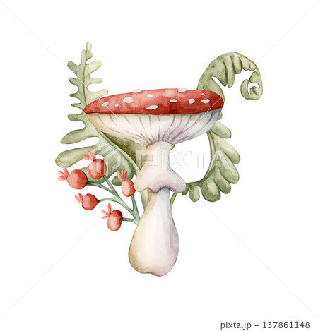 Cute Fly Agaric Mushroom with berries fern. Watercolor summer floral forest illustration hand painted isolated on white background nursery baby kids design fresh whimsical prints cards mystery textile 137861148