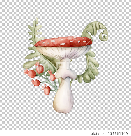 Cute Fly Agaric Mushroom with berries fern. Watercolor summer floral forest illustration hand painted isolated on white background nursery baby kids design fresh whimsical prints cards mystery textile 137861149
