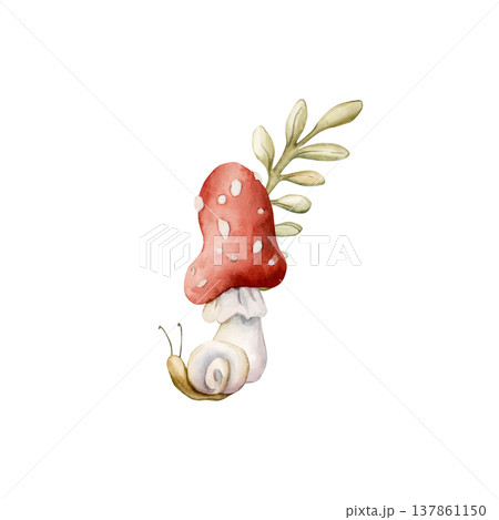 Cute Fly Agaric Mushroom with snail leaves. Watercolor summer floral forest illustration hand painted isolated on white background nursery baby kids design fresh whimsical prints cards mystery textile Cute Fly Agaric Mushroom with snail leaves. Watercolor summer floral forest illustration hand painted isolated on white background nursery baby kids design fresh whimsical prints cards mystery textile 137861150
