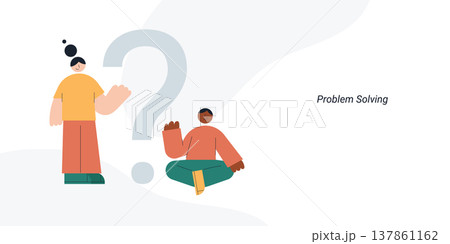 Flat style illustration of two diverse person standing and sitting discussing next to a large question mark, representing problem solving, critical thinking and solution concept. 137861162