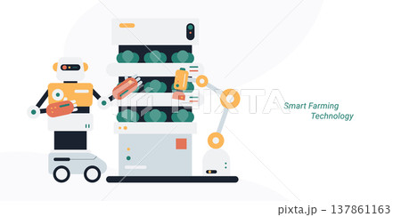 Flat style illustration of a robot and robotic arm harvesting vegetables on vertical farm shelves, representing smart farming technology, agricultural automation and innovation concept. 137861163
