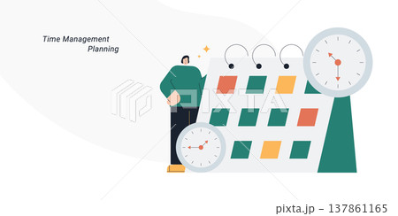 Flat style illustration of a person standing next to a large calendar with two clocks, representing time management, planning, schedule and productivity concept. Flat style illustration of a person standing next to a large calendar with two clocks, representing time management, planning, schedule and productivity concept. 137861165