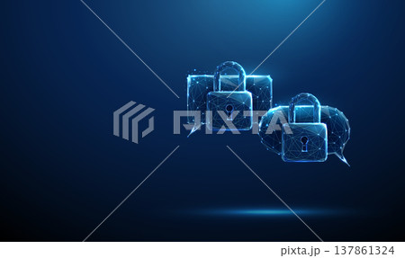 3d two blue speech bubbles with padlocks. Secure communication channel, encrypted messaging, confidential information exchange, cybersecurity dialogue concept 137861324