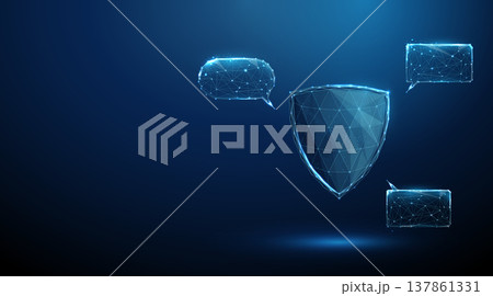 3d shield surrounded by speech bubbles. Protection, security, access control, safe communication, digital defense, monitoring, confidential conversation concept. 137861331