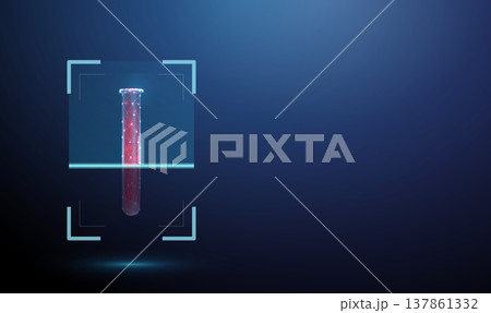 3d blood vial inside digital scanning frame. Hematology analysis, blood testing, disease detection, infection screening, laboratory diagnostics, clinical examination concept. 3d blood vial inside digital scanning frame. Hematology analysis, blood testing, disease detection, infection screening, laboratory diagnostics, clinical examination concept. 137861332
