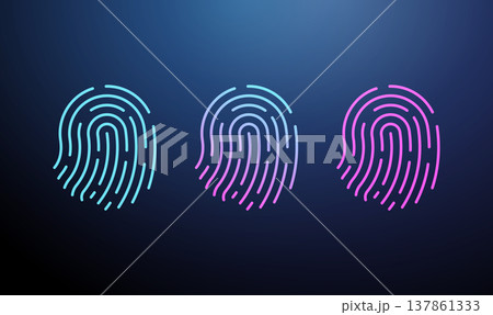 3 fingerprints in blue, blue-pink gradient, pink, scanning progress effect. Biometric scanning process, identity verification, progressive fill visualization concept. 137861333