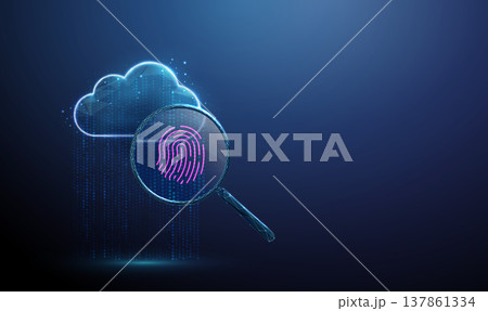 3d data cloud with stream of data under magnifying glass with fingerprint. Biometric scanning, cloud security inspection, encrypted information monitoring concept 3d data cloud with stream of data under magnifying glass with fingerprint. Biometric scanning, cloud security inspection, encrypted information monitoring concept 137861334