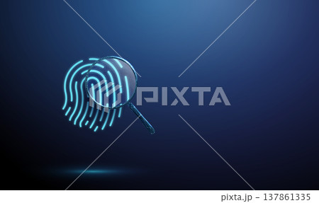 3d blue fingerprint under magnifying glass. Biometric analysis, identity verification,, authentication process, security check, detailed scan examination concept. 3d blue fingerprint under magnifying glass. Biometric analysis, identity verification,, authentication process, security check, detailed scan examination concept. 137861335