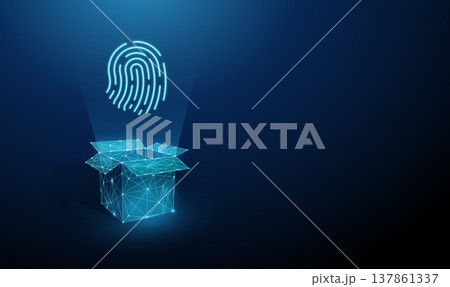 3d fingerprint above open box. Secure storage, protected personal data, biometric access control, authentication verification, identity safeguarding, digital vault concept. 137861337