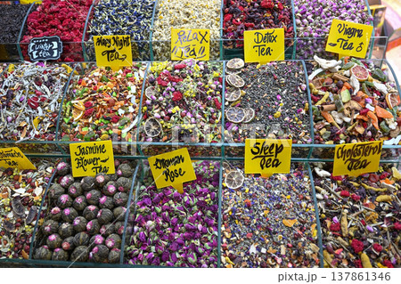 An assortment of various herbal teas, dried flowers and fruit infusions on the market An assortment of various herbal teas, dried flowers and fruit infusions on the market 137861346
