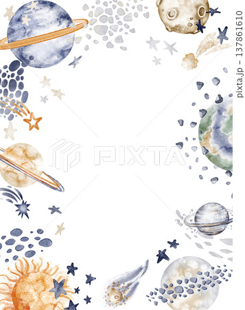 Frame Template with Planets Watercolor Hand Painted 137861610