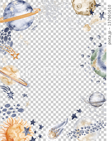 Frame Template with Planets Watercolor Hand Painted 137861610