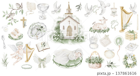 Baptism Icons Set Watercolor Hand Painted Baptism Icons Set Watercolor Hand Painted 137861616