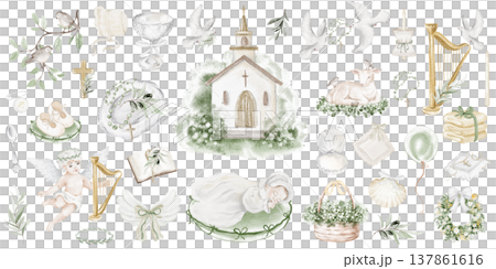 Baptism Icons Set Watercolor Hand Painted Baptism Icons Set Watercolor Hand Painted 137861616
