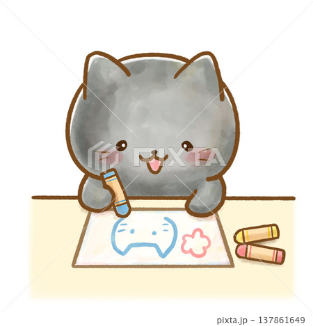画用紙にクレヨンでお絵描きする黒猫。背景透過・白バック。室内遊び、自由画、工作、制作活動の案内に。 137861649