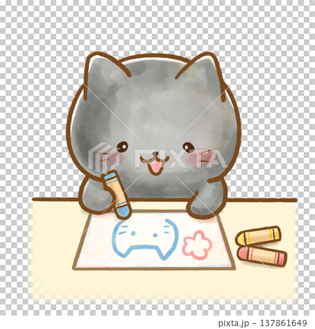 画用紙にクレヨンでお絵描きする黒猫。背景透過・白バック。室内遊び、自由画、工作、制作活動の案内に。 137861649