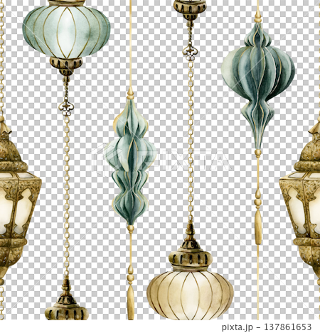 Hanging Lantern Seamless Pattern. Arabic style golden lamp Watercolor hand painted isolated illustration on white background for Ramadan design Muslim holiday Eid Mubarak Al Fitr Adha wrapping paper 137861653