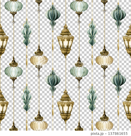 Hanging Lantern Seamless Pattern. Arabic style golden lamp Watercolor hand painted isolated illustration on white background for Ramadan design Muslim holiday Eid Mubarak Al Fitr Adha wrapping paper 137861655