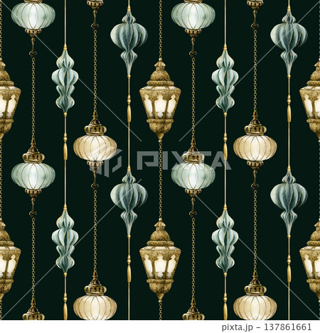 Hanging Lantern Seamless Pattern. Arabic style golden lamp Watercolor hand painted isolated illustration on dark background Ramadan design Muslim holiday Eid Mubarak Al Fitr Adha wrapping paper Hanging Lantern Seamless Pattern. Arabic style golden lamp Watercolor hand painted isolated illustration on dark background Ramadan design Muslim holiday Eid Mubarak Al Fitr Adha wrapping paper 137861661