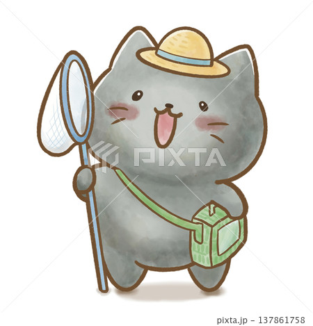 麦わら帽子で虫取りをする黒猫。背景透過・白バック。夏の遊び、外遊び、自然観察、夏休みの行事案内に。 麦わら帽子で虫取りをする黒猫。背景透過・白バック。夏の遊び、外遊び、自然観察、夏休みの行事案内に。 137861758