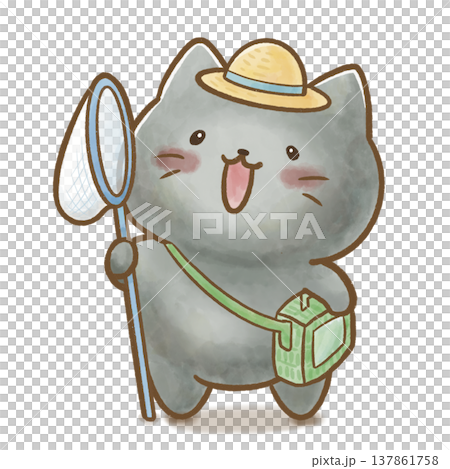 A black cat catching insects while wearing a straw hat. Transparent background/white background. Perfect for summer activities, outdoor play, nature observation, and summer vacation event announcements. 137861758