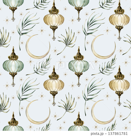 Hanging lantern crescent moon and tropical leaves seamless pattern. Watercolor hand drawn isolated illustration on blue background for Muslim holiday Ramadan Kareem design Eid Mubarak nursery kids Hanging lantern crescent moon and tropical leaves seamless pattern. Watercolor hand drawn isolated illustration on blue background for Muslim holiday Ramadan Kareem design Eid Mubarak nursery kids 137861781