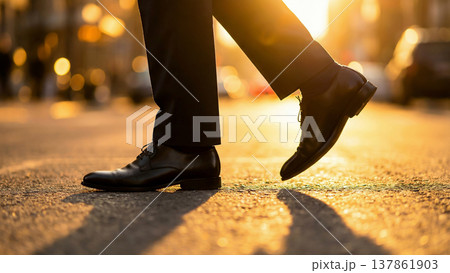 ビジネスマンの足元と都市スカイラインの多重露光合成イメージ 137861903