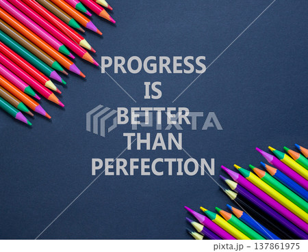Progress or perfection words symbol. Concept words Progress is better than perfection on beautiful white paper. Beautiful black paper background. Business progress or perfection concept. Copy space. Progress or perfection words symbol. Concept words Progress is better than perfection on beautiful white paper. Beautiful black paper background. Business progress or perfection concept. Copy space. 137861975