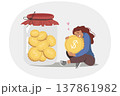 Woman saves and accumulates money to achieve financial security, sits near large jar of coins 137861982