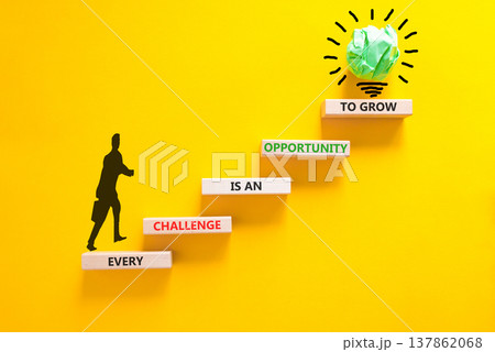Challenge word symbol. Concept words Every challenge is an opportunity to grow on beautiful wooden blocks. Beautiful yellow paper background. Business challenge is an opportunity concept. Copy space. Challenge word symbol. Concept words Every challenge is an opportunity to grow on beautiful wooden blocks. Beautiful yellow paper background. Business challenge is an opportunity concept. Copy space. 137862068
