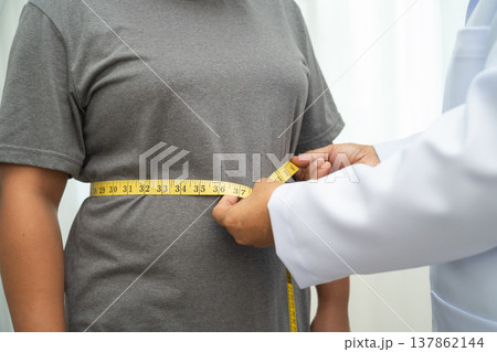 Asian woman with fat belly big size overweight and obesity with measure tape. Asian woman with fat belly big size overweight and obesity with measure tape. 137862144