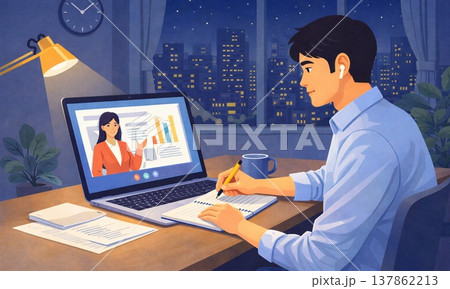 オンライン講義を受ける男性の在宅学習シーンイラスト 137862213