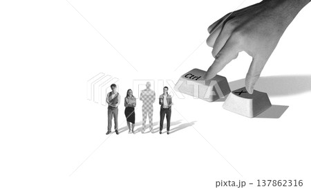 Hand pressing control X key removing selected person from group lineup in minimal monochrome scene. Hand pressing control X key removing selected person from group lineup in minimal monochrome scene. 137862316