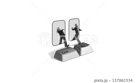 Woman switching between mirrored frames on control and tab keyboard keys symbolizing fragmented identity and emotional states. Woman switching between mirrored frames on control and tab keyboard keys symbolizing fragmented identity and emotional states. 137862334