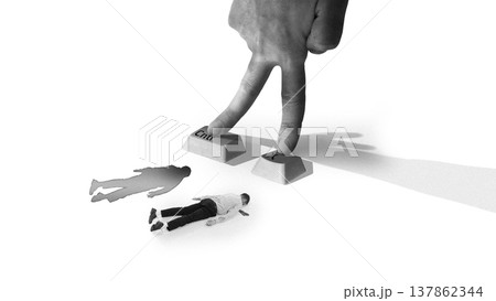Giant hand pressing control key deleting miniature businessman representing job loss automation 137862344