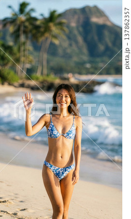 青い水着の若い女性 137862357