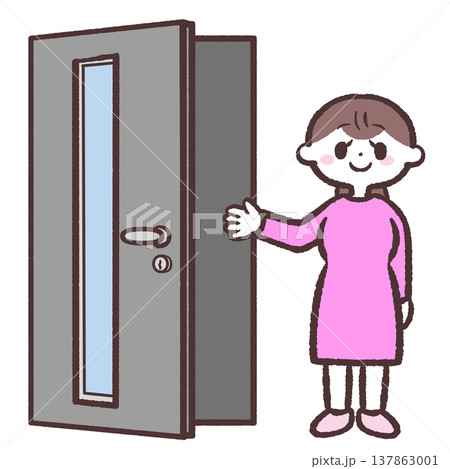 開いた玄関に並ぶ女性のイラスト 137863001