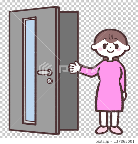 開いた玄関に並ぶ女性のイラスト 137863001