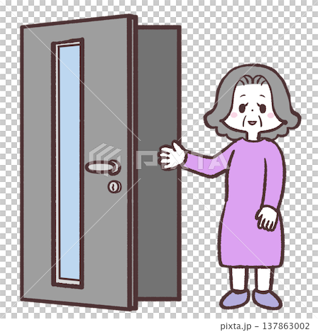 Illustration of senior women lined up in an open front door 137863002