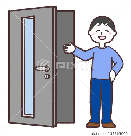 開いた玄関に並ぶ男性のイラスト 137863003