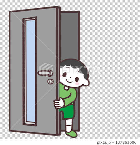 一幅男孩從前門向外窺視的插圖。 137863006