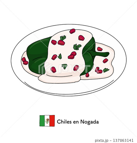 メキシコ料理チレスエンノガーダの皿|唐辛子,ソース,ザクロ メキシコ料理チレスエンノガーダの皿|唐辛子,ソース,ザクロ 137863141
