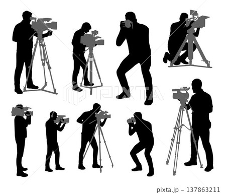 Cameraman filming, photographer shooting, video camera operator silhouette	 137863211