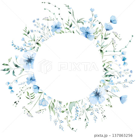 Round floral frame with blue watercolor wildflowers and leaves, hand drawn wedding illustration 137863256