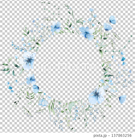 Round floral frame with blue watercolor wildflowers and leaves, hand drawn wedding illustration 137863256